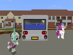 Size: 2048x1536 | Tagged: safe, artist:topsangtheman, character:queen novo, species:classical hippogriff, species:hippogriff, species:pony, species:unicorn, g4, my little pony: the movie (2017), 3d, bus, cornetta, house, looking at you, minecraft, photoshopped into minecraft, sfm pony, source filmmaker