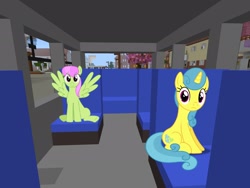 Size: 2048x1536 | Tagged: safe, artist:bluemeganium, artist:topsangtheman, character:lemon hearts, character:merry may, species:pegasus, species:pony, species:unicorn, bus, looking at you, minecraft, photoshopped into minecraft, sitting