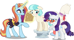 Size: 4129x2208 | Tagged: safe, artist:8-notes, artist:dashiesparkle edit, artist:koolfrood, artist:lahirien, artist:sircxyrtyx, artist:sketchmcreations, artist:vector-brony, edit, editor:slayerbvc, character:coco pommel, character:rarity, character:sassy saddles, species:earth pony, species:pony, species:unicorn, accessory-less edit, blushing, clipboard, clothing, cocobetes, collar, cute, female, floppy ears, glasses, looking back, looking down, looking up, magic, mare, missing accessory, model, modeling, pedestal, ponyquin, raised hoof, rarity's glasses, saddle, scarf, sheepish grin, simple background, tack, telekinesis, transparent background, vector, vector edit