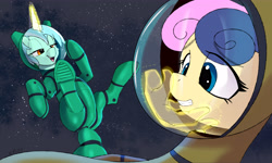 Size: 5000x3000 | Tagged: safe, artist:xbi, character:bon bon, character:lyra heartstrings, character:sweetie drops, species:earth pony, species:pony, species:unicorn, astronaut, butt, eye clipping through hair, hand, laughing, magic, magic hands, plot, space, space suit, tabun art-battle finished after, touch, touching face