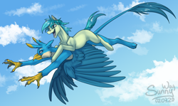 Size: 1200x714 | Tagged: safe, artist:sunny way, patreon reward, character:gallus, character:sandbar, species:earth pony, species:griffon, species:pony, claws, cloud, duo, flying, friends, general, happy, hooves, male, missing cutie mark, open mouth, patreon, ponies riding griffons, riding, sky, smiling, stallion, wings
