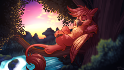 Size: 3840x2160 | Tagged: safe, artist:sugaryviolet, oc, oc only, oc:fynnegan, species:griffon, against tree, chillaxing, cute, eyes closed, griffon oc, handsome, high res, male, river, scenery, signature, smiling, solo, tree, tree branch, waterfall