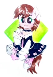 Size: 1280x1846 | Tagged: safe, artist:liaaqila, oc, oc only, oc:ryleigh, species:pony, species:unicorn, bow, clothing, collar, commission, converse, cute, dress, female, mare, necktie, ocbetes, shoes, simple background, sneakers, solo, traditional art
