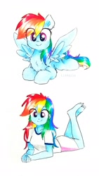 Size: 1804x3206 | Tagged: safe, artist:liaaqila, character:rainbow dash, species:pegasus, species:pony, my little pony:equestria girls, barefoot, blue fur, blue wings, chest fluff, clothing, cute, dashabetes, feet, female, happy, human ponidox, legs in air, mare, multicolored hair, pink eyes, ponidox, prone, rainbow hair, rainbow tail, self paradox, self ponidox, shirt, shorts, simple background, t-shirt, the pose, traditional art, watermark, white background, wings
