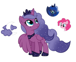 Size: 5080x4163 | Tagged: safe, artist:lazuli, artist:tenderrain46, character:pinkie pie, character:princess luna, oc, parent:pinkie pie, parent:princess luna, parents:lunapie, species:alicorn, species:earth pony, species:pony, absurd resolution, female, magical lesbian spawn, mare, offspring, simple background, transparent background