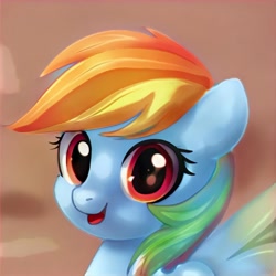 Size: 1024x1024 | Tagged: safe, ai model:thisponydoesnotexist, species:pegasus, species:pony, artificial intelligence, bust, cute, female, looking at you, neural network, not rainbow dash, open mouth, portrait, simple background, solo