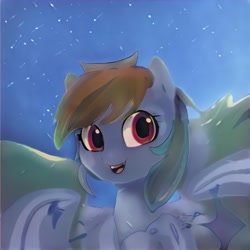 Size: 1024x1024 | Tagged: safe, ai model:thisponydoesnotexist, oc, oc only, species:pegasus, species:pony, artificial intelligence, female, mare, multicolored hair, neural network, night, not rainbow dash, open mouth, rainbow hair, solo, stars