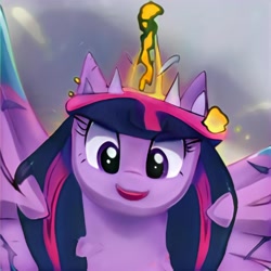 Size: 1024x1024 | Tagged: safe, ai model:thisponydoesnotexist, oc, oc only, species:alicorn, species:pony, alicorn oc, artificial intelligence, faec, female, horn, mare, multicolored hair, neural network, not salmon, not twilight sparkle, open mouth, solo, wat, wings