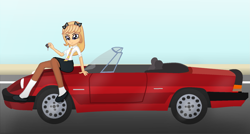 Size: 1813x974 | Tagged: safe, artist:grapefruitface1, base used, my little pony:equestria girls, alfa romeo, barely eqg related, bow, car, clothing, crossed arms, equestria girls-ified, looking at you, necktie, queen (band), road, roger taylor, rogerina, rule 63, school uniform, sitting on car, socks, solo