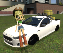 Size: 692x582 | Tagged: safe, artist:didgereethebrony, character:applejack, species:eqg human, g4, my little pony:equestria girls, 3d, barrels, boots, car, clothing, female, ford, ford falcon, ford falcon xr6, gmod, shoes, skirt, solo, sweat, ute