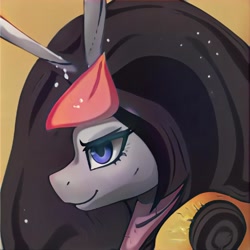 Size: 1024x1024 | Tagged: safe, ai model:thisponydoesnotexist, species:pony, confident, female, large mane, neural network, simple background, smiling, solo