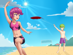 Size: 2558x1920 | Tagged: safe, alternate version, artist:thebrokencog, character:scootaloo, character:spike, species:human, species:pegasus, species:pony, ship:scootaspike, g4, anime, beach, belly button, bikini, clothing, commission, female, frisbee, humanized, male, midriff, nipples, sand, shipping, shorts, straight, swimsuit, tankini, water