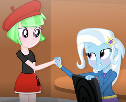 Size: 2894x2340 | Tagged: safe, artist:grapefruitface1, base used, character:trixie, character:watermelody, g4, my little pony:equestria girls, blushing, chair, clothing, female, hat, holding hands, looking at each other, shipping fuel, sitting, table