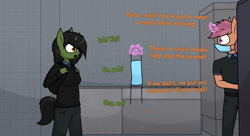 Size: 2720x1476 | Tagged: safe, artist:moonatik, oc, oc only, oc:grim fate, species:anthro, species:pony, species:unguligrade anthro, species:unicorn, backpack, clothing, coronavirus, covid-19, dialogue, face mask, fast food, female, food, hoodie, horn, kitchen, magic, male, mare, refrigerator, stallion, tiles, unicorn oc