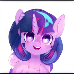 Size: 1024x1024 | Tagged: safe, ai model:thisponydoesnotexist, species:pony, species:unicorn, g4, cute, female, fusion, happy, mare, misplaced horns, neural network, not starlight glimmer, not twilight sparkle, smiling