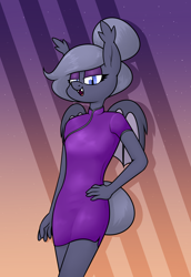 Size: 1342x1952 | Tagged: safe, artist:moonatik, oc, oc only, oc:selenite, species:anthro, species:bat pony, species:pony, species:unguligrade anthro, g4, bat pony oc, bat wings, cheongsam, clothing, eyeshadow, female, hair bun, hand on hip, looking at you, makeup, mane bun, mare, smiling, solo, stars, tail bun, wings