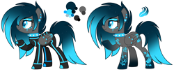 Size: 5852x2416 | Tagged: safe, artist:aestheticallylithi, artist:lazuli, base used, oc, oc only, oc:neon stream, species:pegasus, species:pony, g4, boots, choker, clothing, cyber-questria, ear piercing, earring, eyeshadow, female, gloves, jewelry, jumpsuit, kanji, makeup, mare, multicolored hair, piercing, raised hoof, reference sheet, shoes, simple background, solo, spiked choker, tattoo, transparent background