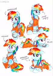 Size: 2305x3284 | Tagged: safe, artist:liaaqila, character:rainbow dash, species:pegasus, species:pony, g4, clothing, commission, cute, dashabetes, female, high res, prison outfit, prisoner rd, simple background, solo, white background