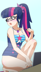 Size: 405x706 | Tagged: safe, artist:grapefruitface1, base used, character:twilight sparkle, character:twilight sparkle (scitwi), species:eqg human, equestria girls:forgotten friendship, g4, my little pony: equestria girls, my little pony:equestria girls, anime, beach, blushing, breasts, cleavage, clothing, computer, element of magic, female, laptop computer, solo, solo female, swimsuit, usb