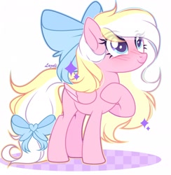 Size: 1920x1964 | Tagged: safe, artist:lazuli, oc, oc only, oc:bay breeze, species:pegasus, species:pony, g4, blushing, bow, cute, female, hair bow, looking up, mare, simple background, sparkles, tail bow, white background