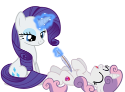 Size: 1080x800 | Tagged: safe, artist:luckreza8, artist:princessdestiny200i, character:rarity, character:sweetie belle, species:pony, species:unicorn, g4, belle sisters, eyes closed, eyeshadow, feather, female, filly, glowing horn, horn, laughing, levitation, magic, makeup, mare, open mouth, siblings, simple background, sisters, sitting, telekinesis, tickle torture, tickling, white background