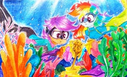 Size: 3363x2046 | Tagged: safe, artist:liaaqila, character:rainbow dash, character:scootaloo, species:pegasus, species:pony, g4, my little pony:equestria girls, commission, scepter, twilight scepter, underwater