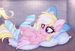 Size: 1024x702 | Tagged: safe, artist:lazuli, oc, oc only, oc:bay breeze, species:pegasus, species:pony, g4, bow, chest fluff, clothing, cute, ear fluff, fangs, female, hair bow, mare, mouth hold, ocbetes, pillow, socks, striped socks