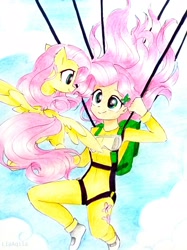 Size: 2266x3022 | Tagged: safe, artist:liaaqila, character:fluttershy, species:pegasus, species:pony, g4, my little pony:equestria girls, air ponyville, clothing, cloud, commission, cute, duo, female, flying, goggles, harness, high res, human ponidox, jumpsuit, looking at each other, mare, parachute, ponidox, self ponidox, shyabetes, sky, skydiving, smiling, spread wings, tack, traditional art, wings