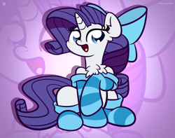 Size: 3250x2560 | Tagged: safe, artist:kimjoman, character:rarity, species:pony, species:unicorn, g4, bow, chest fluff, clothing, cute, female, hair bow, high res, mare, open mouth, purple background, raribetes, simple background, sitting, socks, solo, striped socks, zoom layer