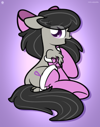 Size: 2560x3250 | Tagged: safe, artist:kimjoman, character:octavia melody, species:earth pony, species:pony, g4, bow, butt, chest fluff, clothing, cute, female, hair bow, mare, open mouth, plot, purple background, raised hoof, simple background, socks, socktavia, solo, tavibetes