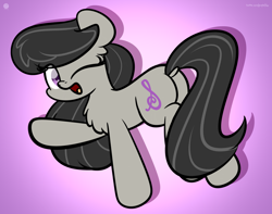 Size: 1200x945 | Tagged: safe, artist:kimjoman, character:octavia melody, species:earth pony, species:pony, g4, butt, chest fluff, cute, dock, female, mare, one eye closed, open mouth, plot, plotavia, purple background, raised hoof, raised leg, simple background, solo, tavibetes, wink