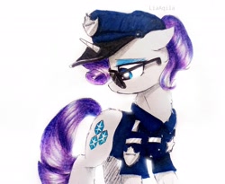 Size: 2832x2322 | Tagged: safe, artist:liaaqila, character:rarity, species:pony, species:unicorn, g4, alternate hairstyle, alternate universe, badge, clothing, commission, eyeshadow, fanfic art, fashion police, female, hat, high res, makeup, mare, police, police badge, police hat, police officer, police uniform, raricop, shirt, simple background, solo, sunglasses, traditional art, white background