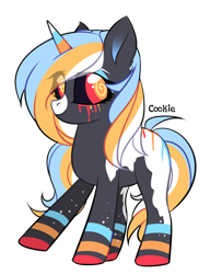 Size: 724x944 | Tagged: safe, artist:lazuli, oc, oc only, species:pony, species:unicorn, g4, black sclera, colored hooves, crying, eye clipping through hair, horn, simple background, smiling, solo, transparent background, unicorn oc