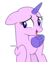 Size: 1716x2094 | Tagged: safe, artist:lazuli, oc, oc only, species:alicorn, species:pony, g4, alicorn oc, bald, base, blushing, eyelashes, horn, open mouth, raised hoof, simple background, smiling, solo, transparent background, wings