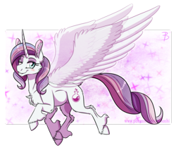 Size: 1332x1135 | Tagged: safe, artist:inuhoshi-to-darkpen, character:potion nova, species:pony, species:unicorn, g4, my little pony:pony life, abstract background, artificial wings, augmented, chest fluff, cloven hooves, ear fluff, female, fluffy, horn, looking at you, magic, magic wings, mare, one eye closed, signature, smiling, solo, spread wings, three quarter view, transparent wings, unshorn fetlocks, wings, wink