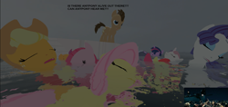 Size: 1363x646 | Tagged: safe, artist:didgereethebrony, character:apple bloom, character:applejack, character:doctor whooves, character:fluttershy, character:hoity toity, character:pinkamena diane pie, character:pinkie pie, character:rarity, character:scootaloo, character:sweetie belle, character:time turner, character:twilight sparkle, species:alicorn, species:earth pony, species:pegasus, species:pony, species:unicorn, g4, 3d, boat, cutie mark crusaders, dead, eyes closed, floating, floating above water, gmod, lifeboat, sfm pony, titanic, why, wtf