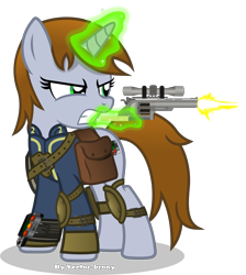 Size: 5015x5589 | Tagged: safe, artist:vector-brony, oc, oc only, oc:littlepip, species:pony, species:unicorn, fallout equestria, g4, absurd resolution, bag, clothing, fanfic, fanfic art, female, glowing horn, gritted teeth, gun, handgun, hooves, horn, levitation, little macintosh, magic, mare, optical sight, pipbuck, revolver, saddle bag, scope, shooting, simple background, solo, telekinesis, transparent background, vault suit, weapon