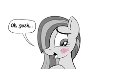 Size: 1200x675 | Tagged: safe, artist:pony-berserker, character:marble pie, g4, blushing, cute, dialogue, marblebetes, monochrome, neo noir, partial color, shy, sketch, smiling, speech bubble, stippling, talking to viewer