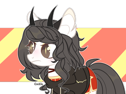 Size: 2688x2016 | Tagged: safe, artist:lazuli, oc, oc only, species:demon pony, species:pony, g4, clothing, demon, ear fluff, female, frown, horns, mare, original species, simple background, solo, transparent background
