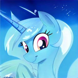 Size: 1024x1024 | Tagged: safe, ai model:thisponydoesnotexist, oc, oc only, species:pony, species:unicorn, g4, bust, horn, long horn, looking at you, neural network, not trixie, smiling