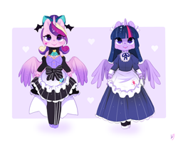 Size: 800x640 | Tagged: safe, artist:ipun, character:princess cadance, character:twilight sparkle, character:twilight sparkle (alicorn), species:alicorn, species:pony, g4, bow, clothing, cute, duo, duo female, female, females only, friendship cafe, gothic lolita, hair bow, horn, maid, maid headdress, semi-anthro, sisters-in-law, spread wings, wings