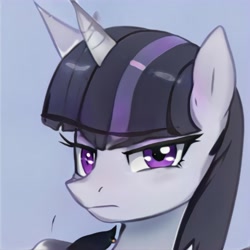 Size: 1024x1024 | Tagged: safe, ai model:thisponydoesnotexist, oc, oc only, species:pony, species:unicorn, g4, artificial intelligence, blue background, female, mare, neural network, not twilight sparkle, simple background, solo, unamused
