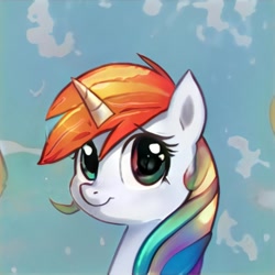 Size: 1024x1024 | Tagged: safe, ai model:thisponydoesnotexist, oc, oc only, species:pony, species:unicorn, g4, artificial intelligence, female, mare, multicolored hair, neural network, rainbow hair, smiling, solo