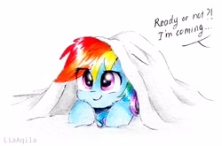 Size: 2954x1948 | Tagged: safe, artist:liaaqila, character:rainbow dash, species:pegasus, species:pony, g4, cute, dashabetes, dialogue, eye clipping through hair, female, hide and seek, hiding, hoof fluff, leg fluff, liaaqila is trying to murder us, liaaqila is trying to murder us with dashabetes, looking up, offscreen character, prone, sheet, simple background, smiling, smirk, solo, white background