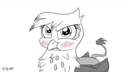 Size: 1200x675 | Tagged: safe, artist:pony-berserker, character:gilda, species:griffon, g4, behaving like a bird, blushing, cute, female, gilda is not amused, gildadorable, gildere, monochrome, neo noir, partial color, puffy cheeks, solo, stippling, tsundere, unamused