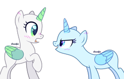 Size: 3100x1975 | Tagged: safe, artist:lazuli, oc, oc only, species:alicorn, species:pony, g4, alicorn oc, bald, base, blushing, duo, eyelashes, horn, open mouth, raised hoof, simple background, smiling, transparent background, wings