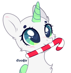 Size: 2634x2720 | Tagged: safe, artist:lazuli, oc, oc only, species:alicorn, species:pony, g4, alicorn oc, bald, base, blushing, bust, candy, candy cane, chest fluff, eyelashes, food, horn, mouth hold, simple background, solo, transparent background, wings