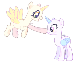 Size: 3468x2856 | Tagged: safe, artist:lazuli, oc, oc only, species:alicorn, species:pony, g4, alicorn oc, bald, base, boop, duo, eyelashes, flying, horn, open mouth, simple background, smiling, transparent background, wings