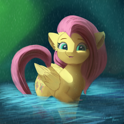 Size: 4000x4000 | Tagged: safe, artist:auroriia, artist:miokomata, character:fluttershy, species:pegasus, species:pony, g4, absurd resolution, collaboration, cute, ear fluff, female, mare, open mouth, rain, shyabetes, smiling, solo, water