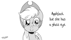 Size: 1200x675 | Tagged: safe, artist:pony-berserker, character:applejack, g4, clothing, female, glass eye, hat, monochrome, pony-berserker's twitter sketches, scar, simple background, solo, stippling, white background
